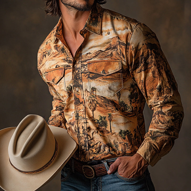 Men's Retro Western Cowboy Style Printed Pocket Lapel Long Sleeve Shirt MTA0664E5TO