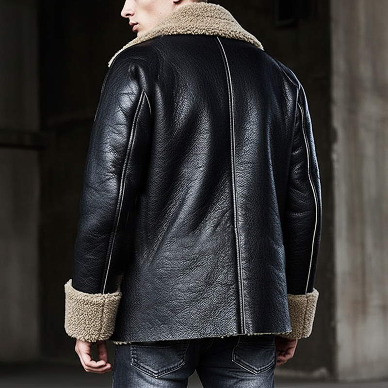 Men's Textured PU Leather And Faux Shearling Double-breasted Short Coat MTA2226I6U