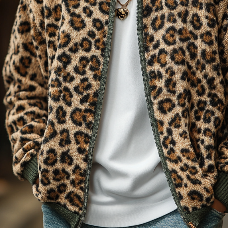 Men's Casual Leopard Print Jacquard Crew Neck Knit Cardigan MTA3072J3X