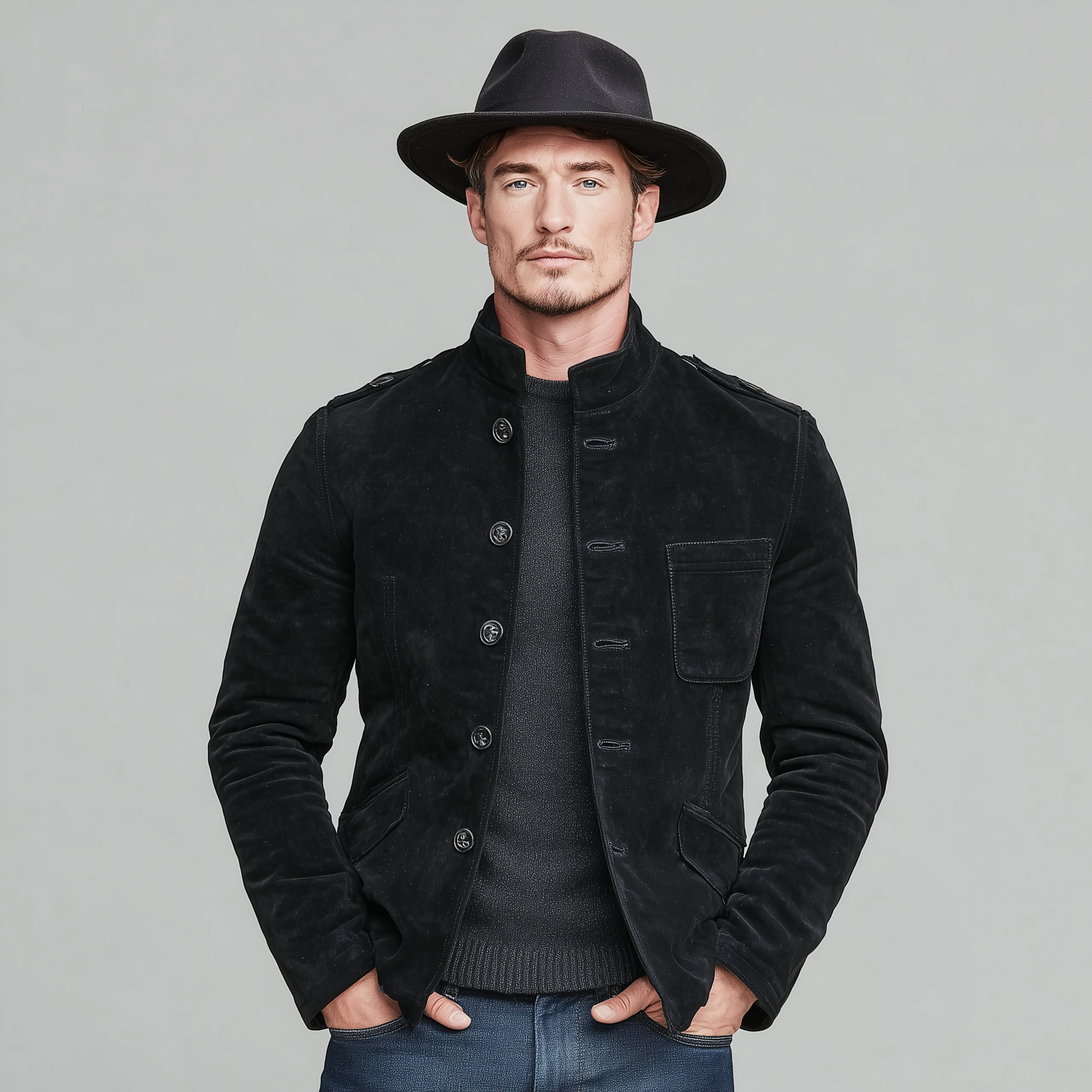 Men's Classic Retro Western Style Stand-up Collar Multi-pocket Faux Suede Jacket MTA1730K5K