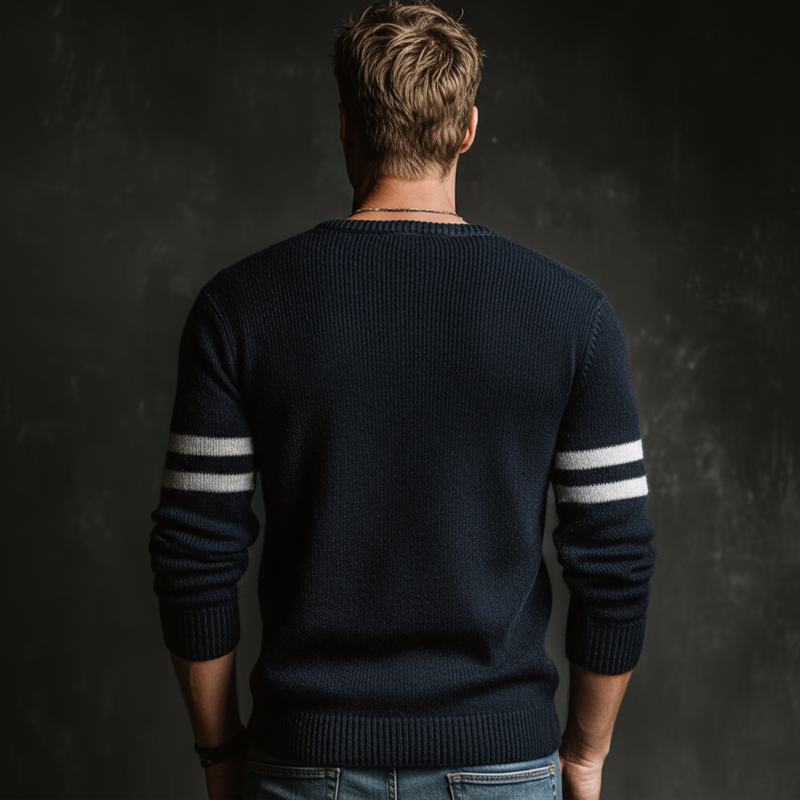 Men's Urban Style Navy Blue V-neck Slim-fit Knitted Sweater MTA0165L0U