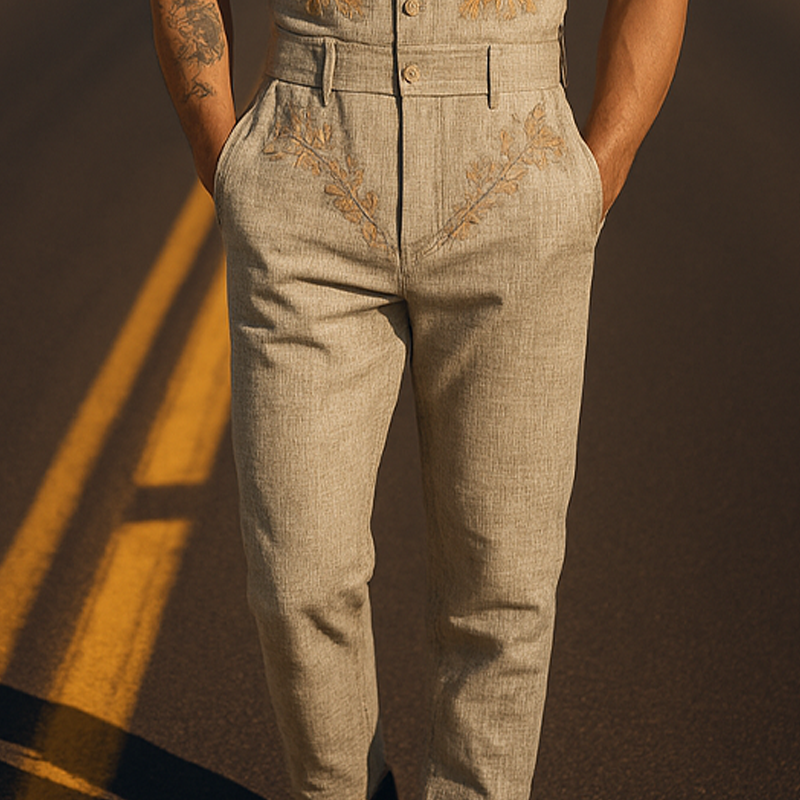 Men's Spring And Summer Fashion Casual American Western Tough Guy Style Embroidered Cotton And Linen Slim Jumpsuit MTA0935F4K