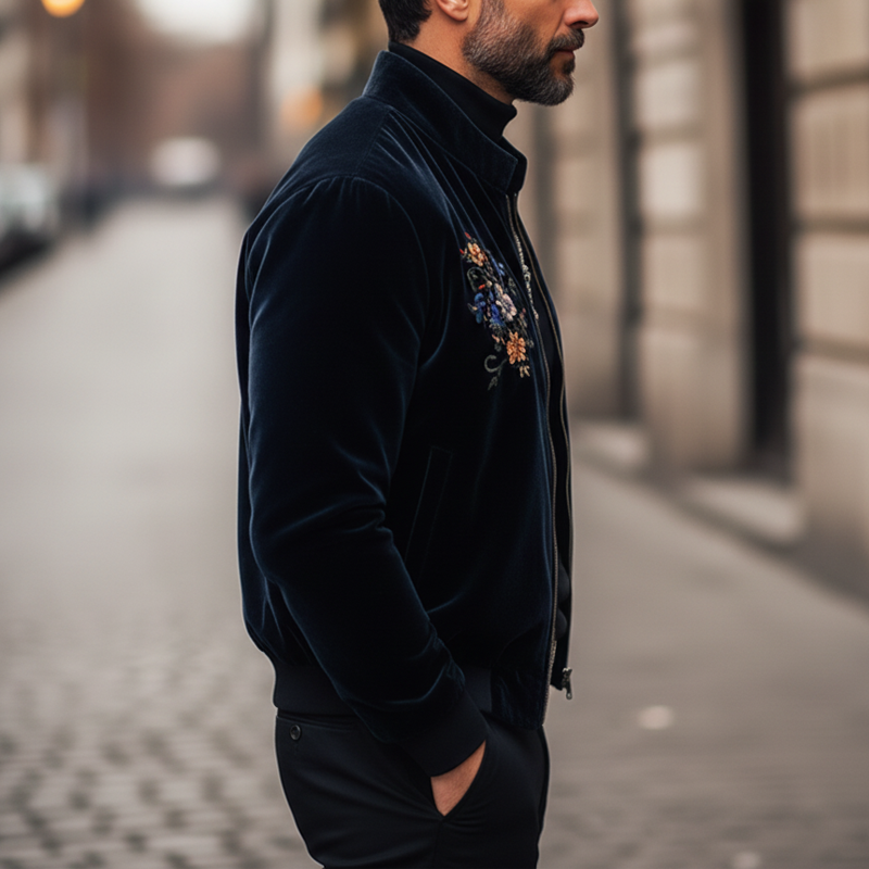 Men's Retro Navy Blue Floral Embroidered Stand Collar Velvet Jacket MTA0869L0U