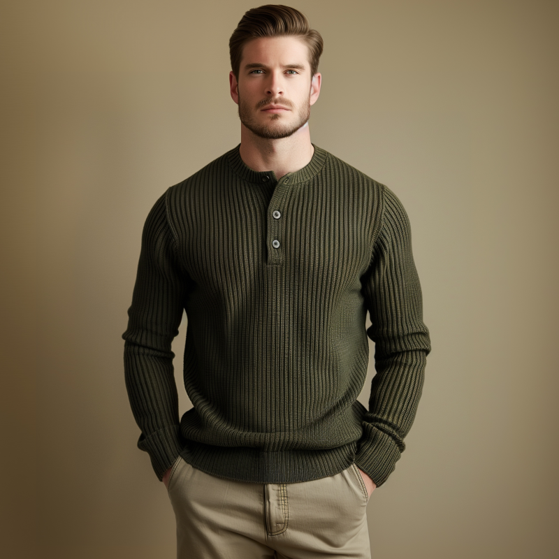 Men's Casual Solid Color Henley Collar Slim Fit Knit Long Sleeve Pullover Sweater MTA0540H8M