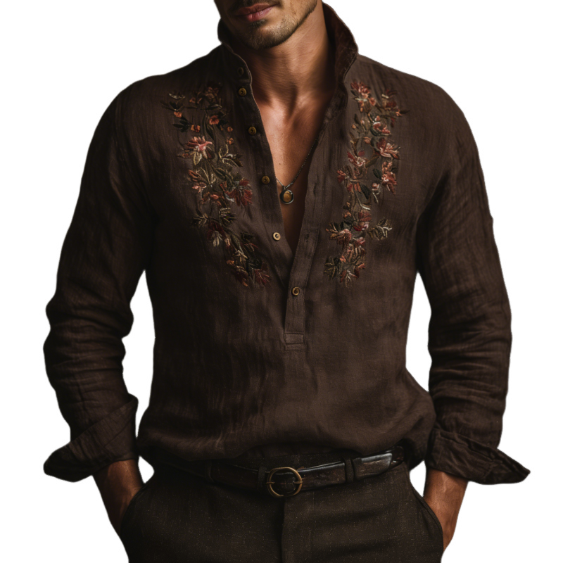 Men's Retro Casual Cotton Linen Floral Embroidery Henley Collar Long-Sleeve Shirt MTZ0443B2TO