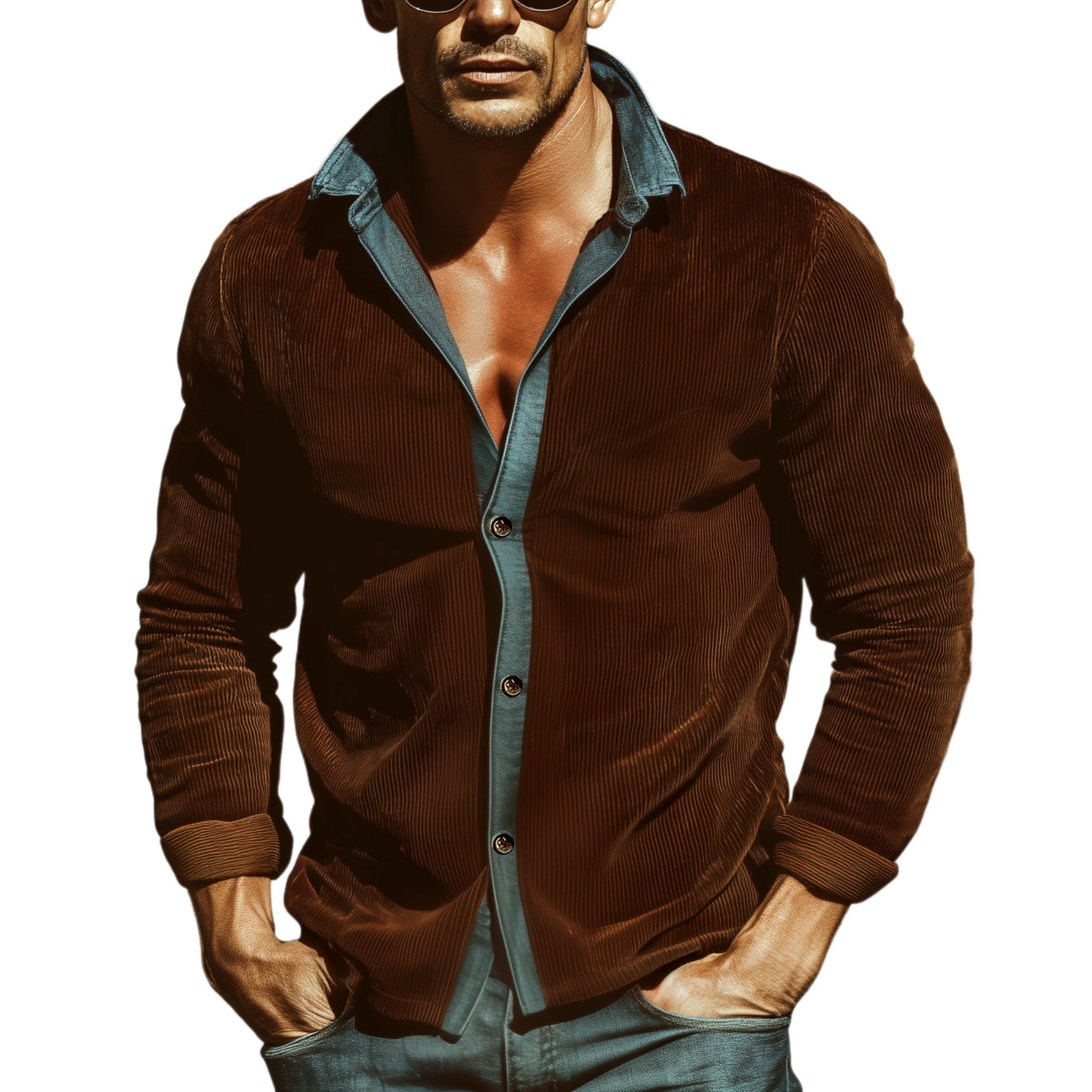 Men's Classic Vintage Denim And Corduroy Patchwork Long-sleeved Shirt MTA1105L3K