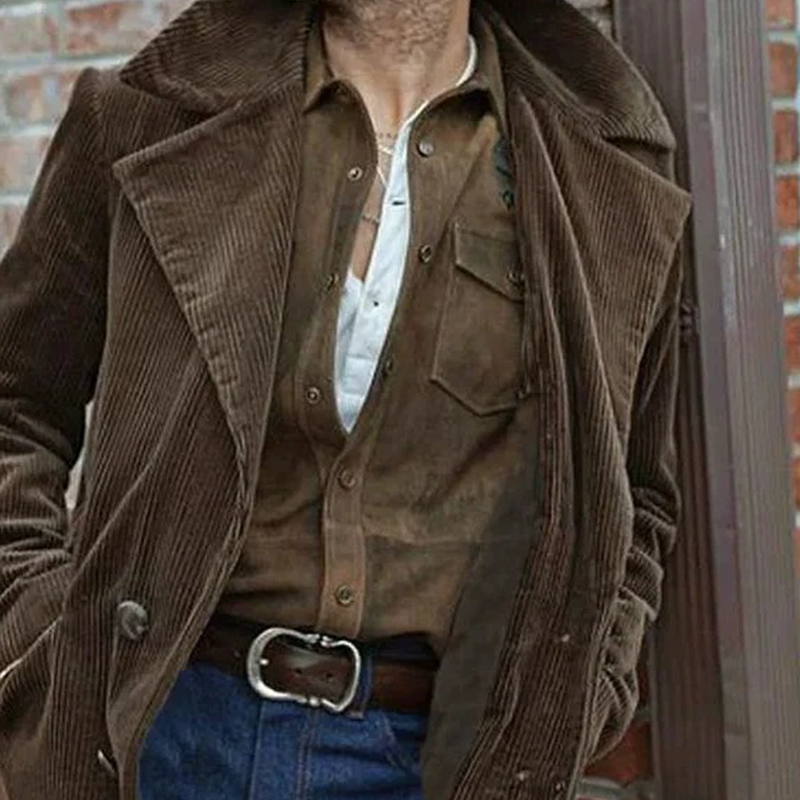 Men's Vintage Corduroy Solid Color Lapel Mid-length Coat MTA0994I8X