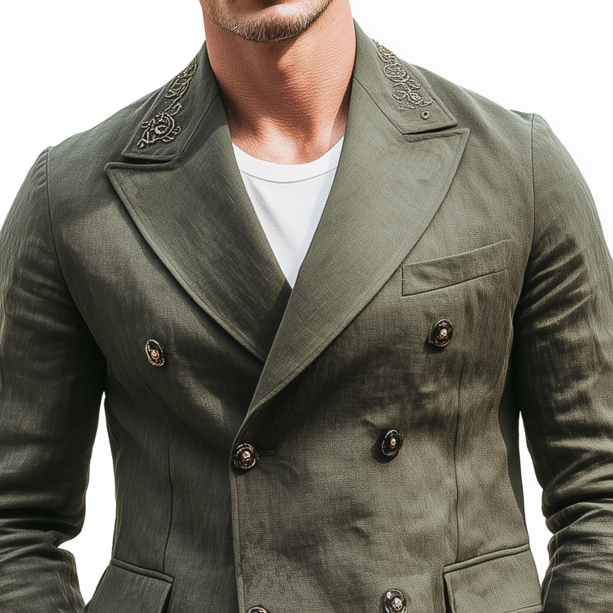 Men's Classic Vintage Cotton And Linen Blend Embroidered Double-breasted Slim-fit Blazer MTA0227H7K