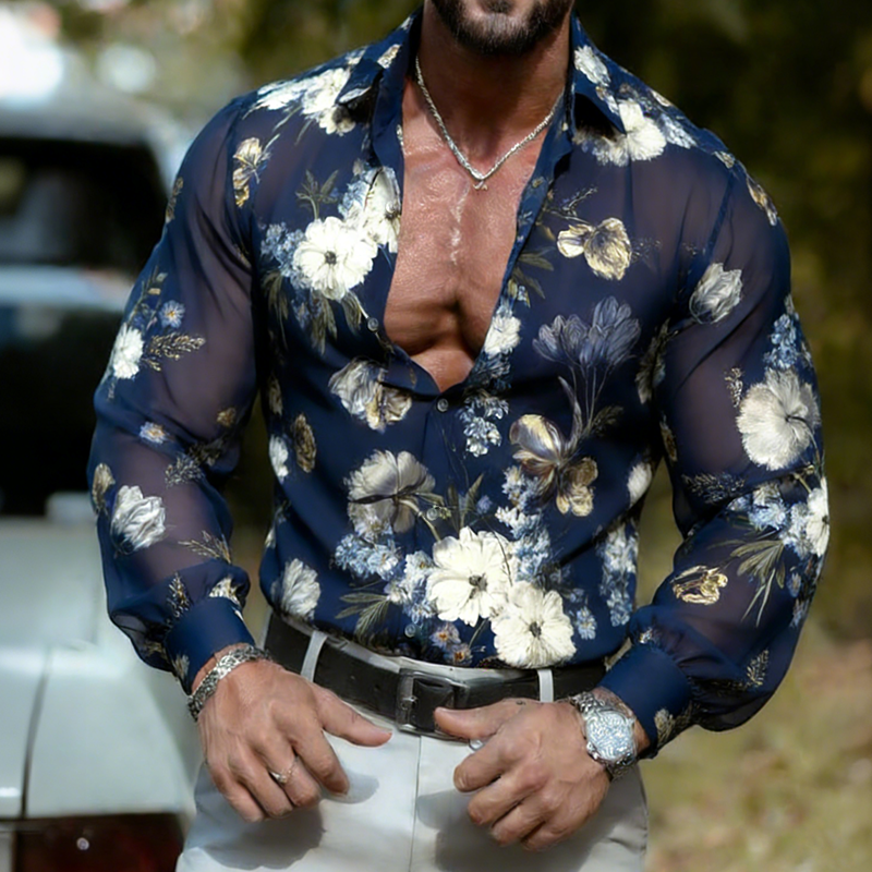 Men's Retro Casual Chiffon Floral Print Lapel Long-Sleeve Shirt MTZ0591B7TO