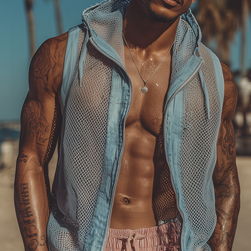 Men's Spring And Summer Fashion Casual Mesh Fabric Splicing Cotton And Linen Slightly Transparent Sexy Hooded Sleeveless Shirt MTA2057F1K