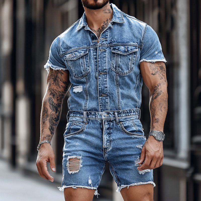 Men's Fashion Lapel Short Sleeve Single Breasted Ripped Denim Jumpsuit MTA2321F0Y