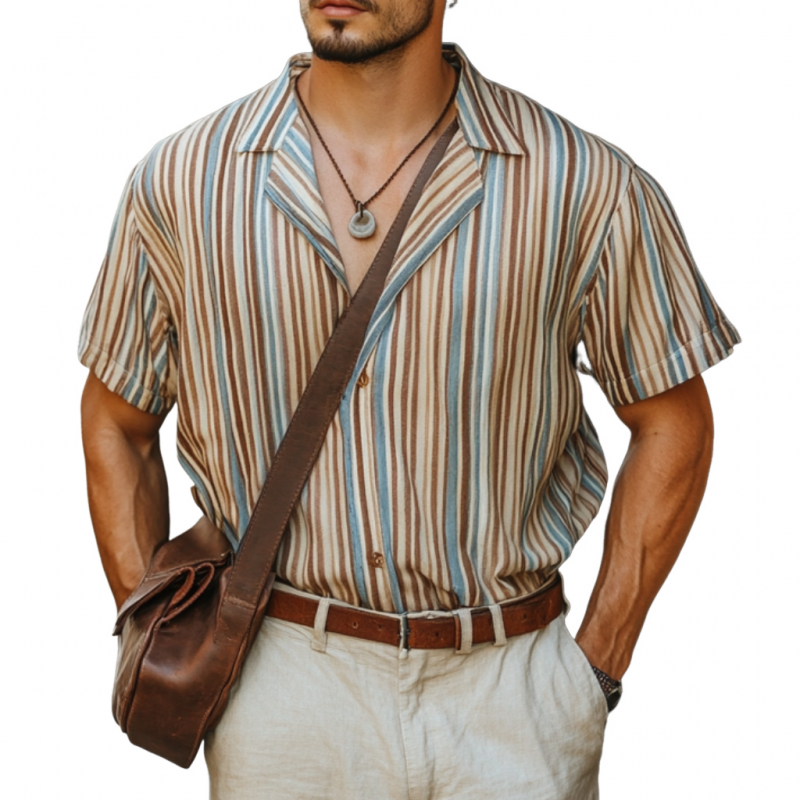 Men's Casual Colorful Striped Digital Print Cuban Collar Loose Short Sleeve Shirt MTA2345E1M