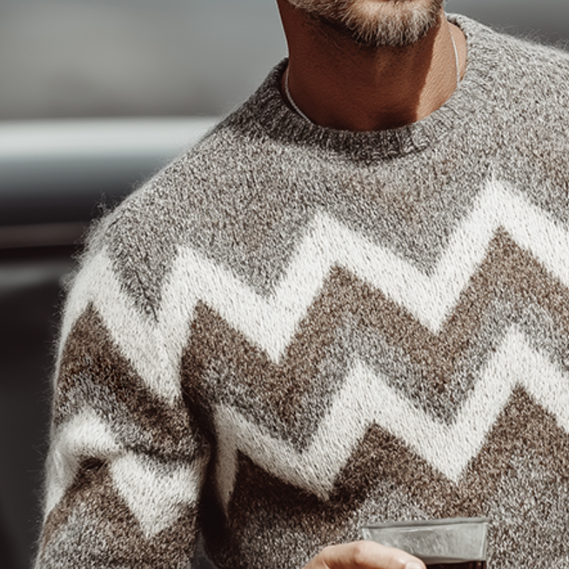 Men's Retro Casual Zigzag Striped Colorblock Crew Neck Sweater MTA1045J7TO