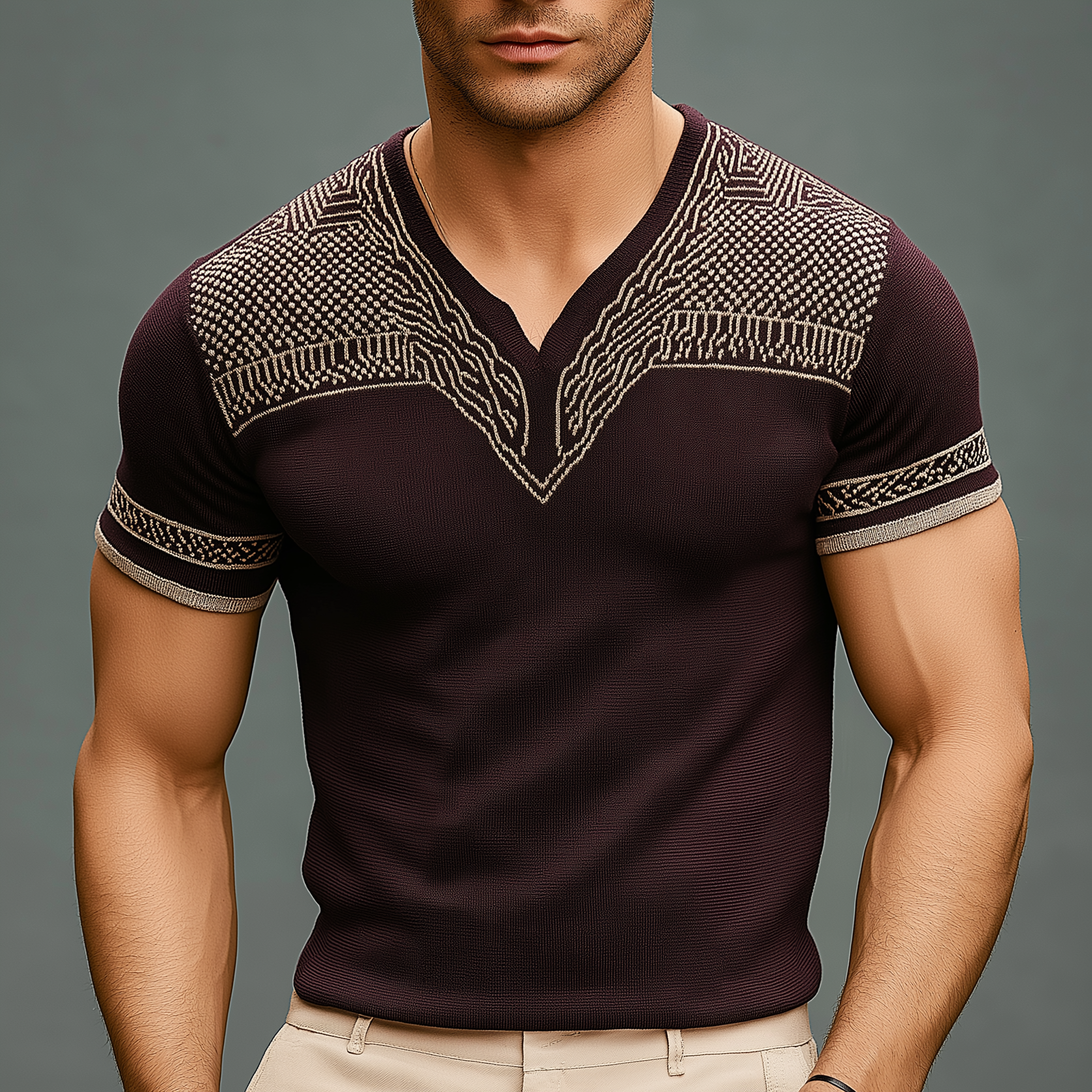 Men's Fashion Knitted Jacquard Short Sleeve T-Shirt MTA2556G0P