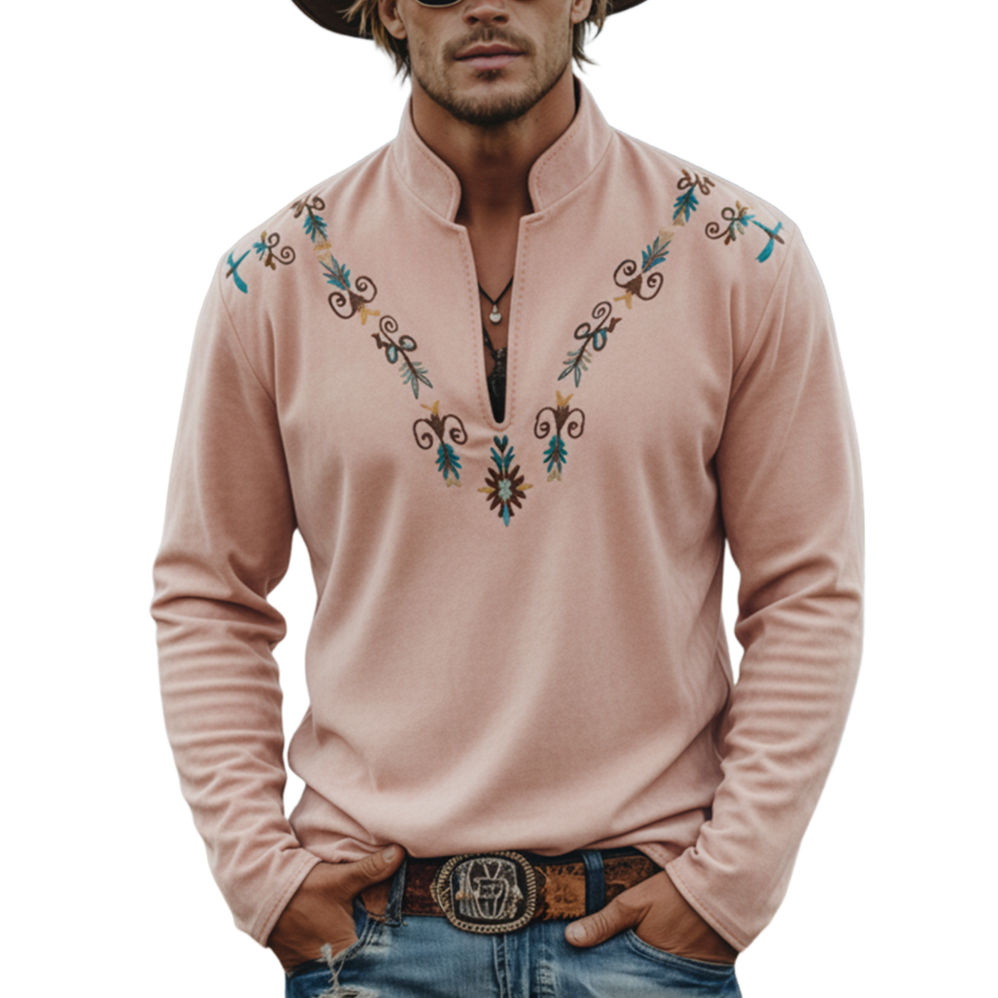Men's Casual Western Rugged Style Stand Collar Embroidered Faux Suede Long Sleeve T-Shirt MTA2735K1K