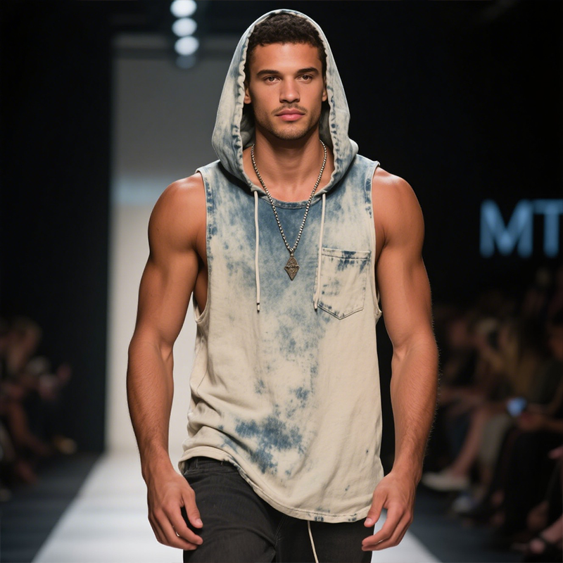 Men's Retro Casual Gradient Print Hooded Sleeveless Tank Top MTA2343F6TO