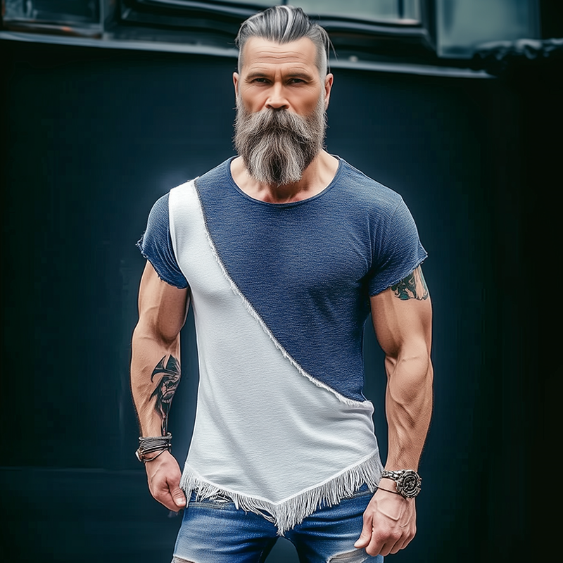 Men's Retro Casual Stitching Tassel Round Neck Short Sleeve T-Shirt MTA3083F5TO