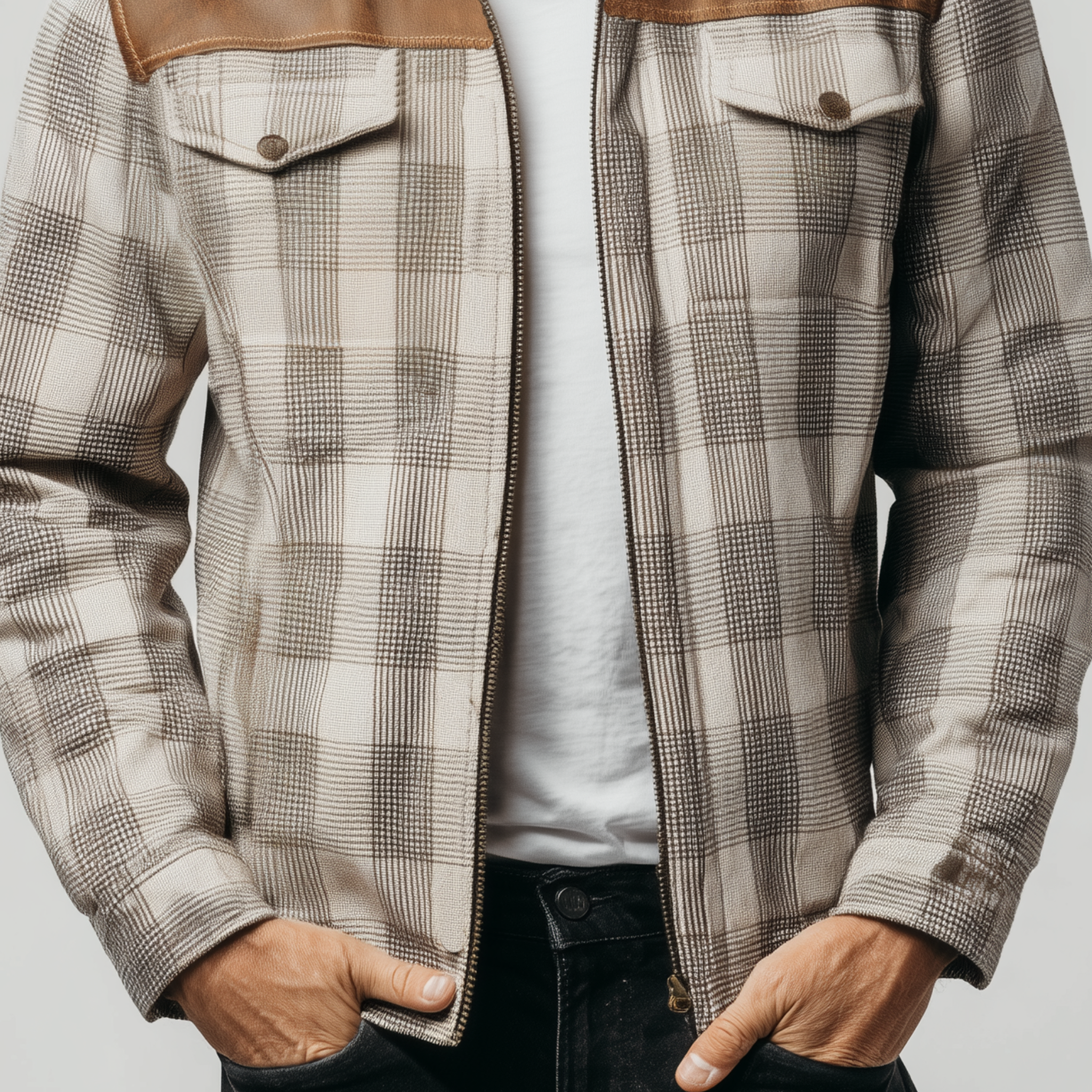 Men's Classic Casual PU Leather Stitching Woolen Plaid Lapel Jacket MTA0192I0K