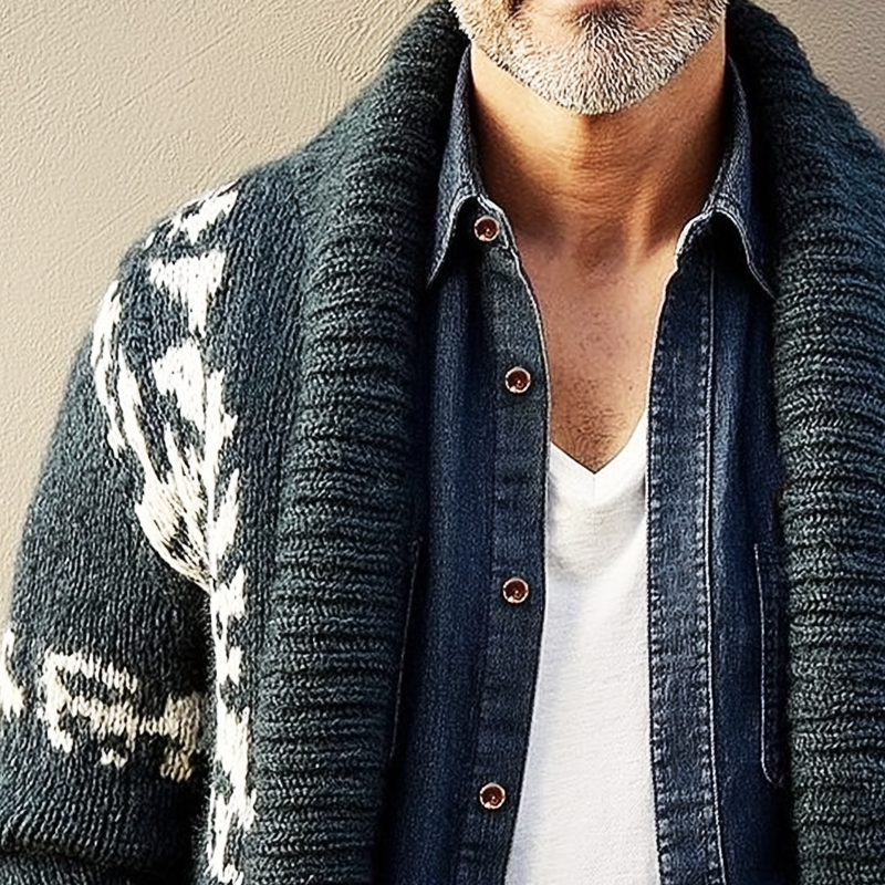 Men's Classic Lapel Colorblock Jacquard Knit Cardigan MTA3035H2U