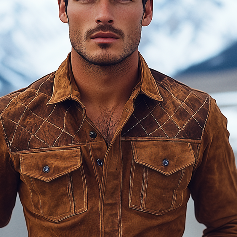 Men's Retro-Style Patchwork Quilted Lapel Faux Suede Long-Sleeve Shirt MTA0543K4X