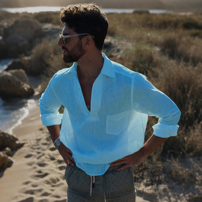 Men's Casual Solid Color Breathable Linen Button-up Lapel Patch Pocket Loose Long Sleeve Shirt MTA0434G3M