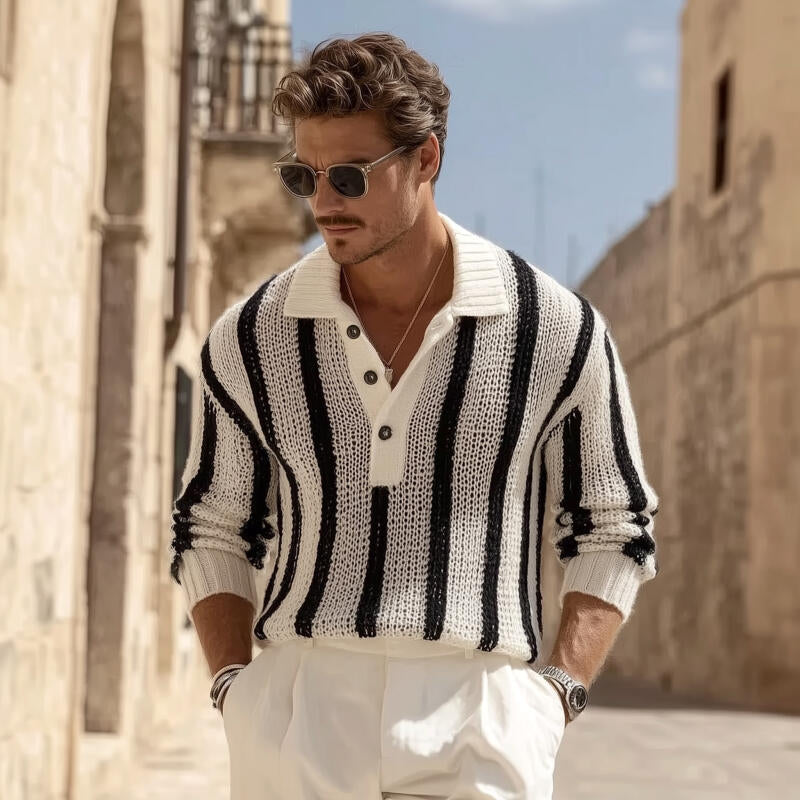 Men's Vintage Contrast Striped Breathable Knit Polo Neck Loose Pullover Sweater MTA2831H1M