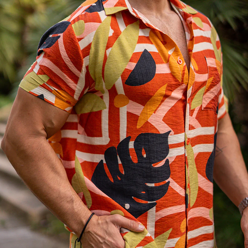 Men's Spring And Summer Fashion Casual Tencel Cotton Blended Printed Short Sleeve Shirt MTA0778G1K
