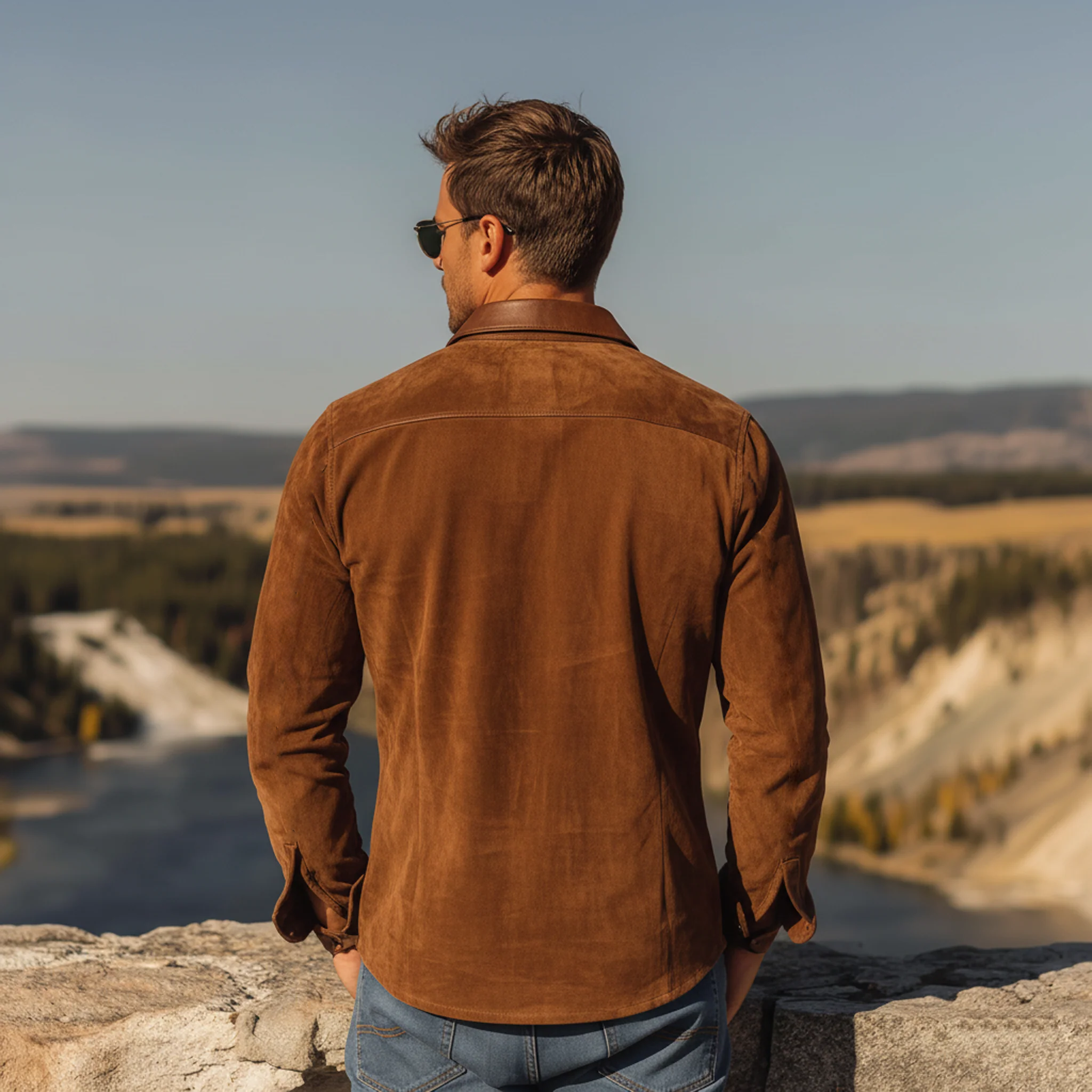 Men's Classic Western Style PU Leather Lapel Slim-fit Faux Suede Long-sleeved Shirt MTA1690L3K