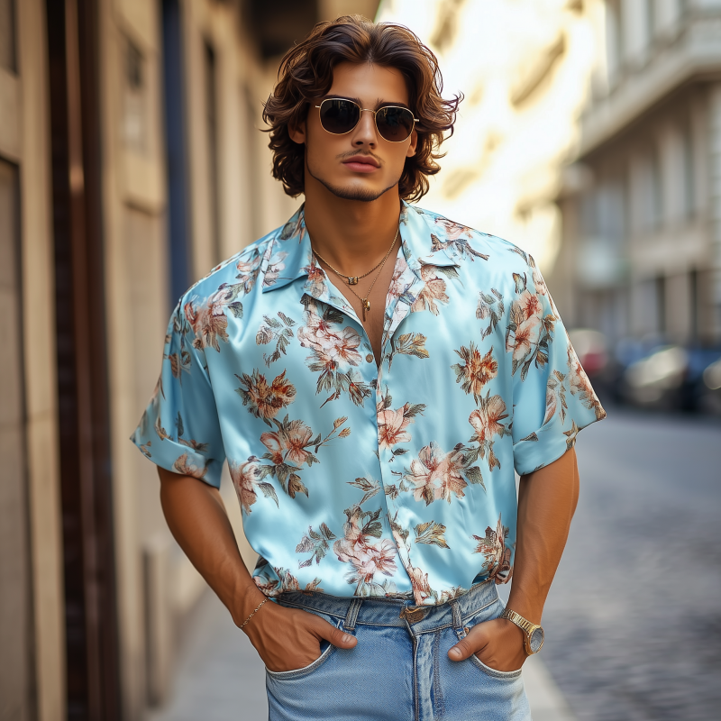 Men's Retro Elegant Flower Print Satin Lapel Loose Short Sleeve Shirt MTA1641F4M