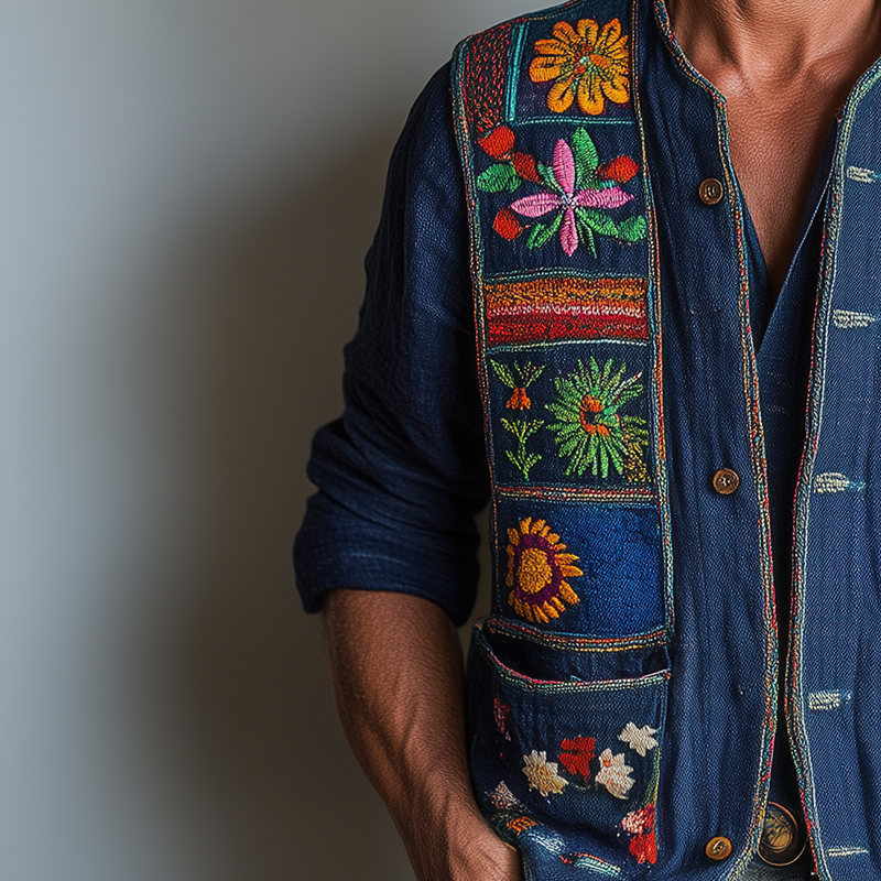 Men's Summer Fashion Premium Bohemian Embroidery Slub Linen Vest MTA2494F0P