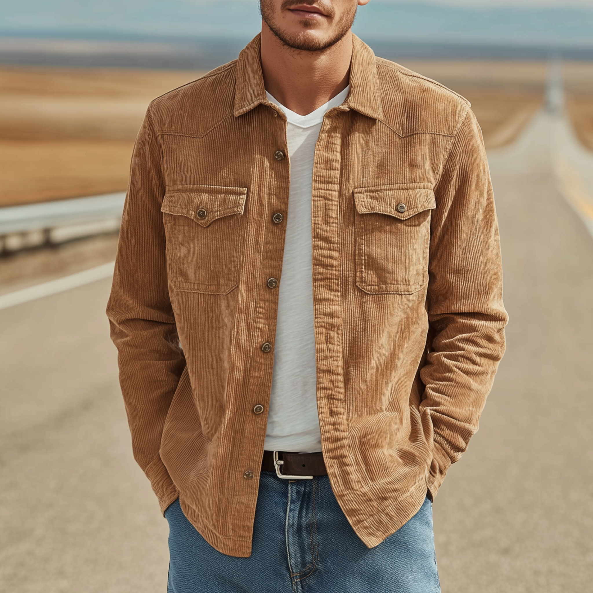 Men's Classic Casual Thin Corduroy Solid Color Multi-Pocket Long Sleeve Shirt MTA1882G9K