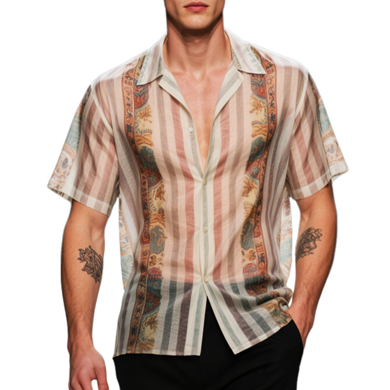 Men's Retro Casual Mesh Stripe Print Lapel Short Sleeve T-Shirt MTA2209E6TO