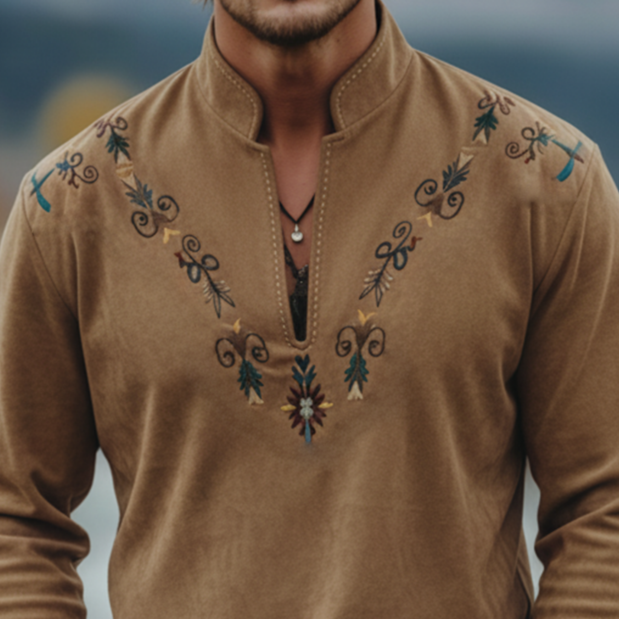 Men's Casual Western Rugged Style Stand Collar Embroidered Faux Suede Long Sleeve T-Shirt MTA2735K1K