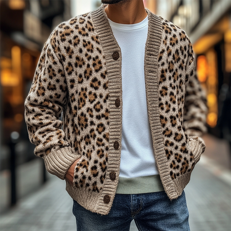Men's Leopard Print Jacquard V-Neck Knit Cardigan MTA3088J3X