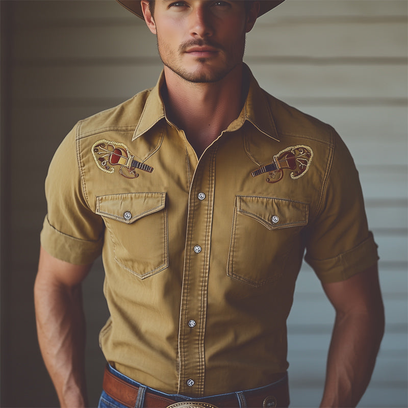 Men's Western Cowboy Style Guitar Embroidery Denim Short Sleeve Shirt MTA0812E9U