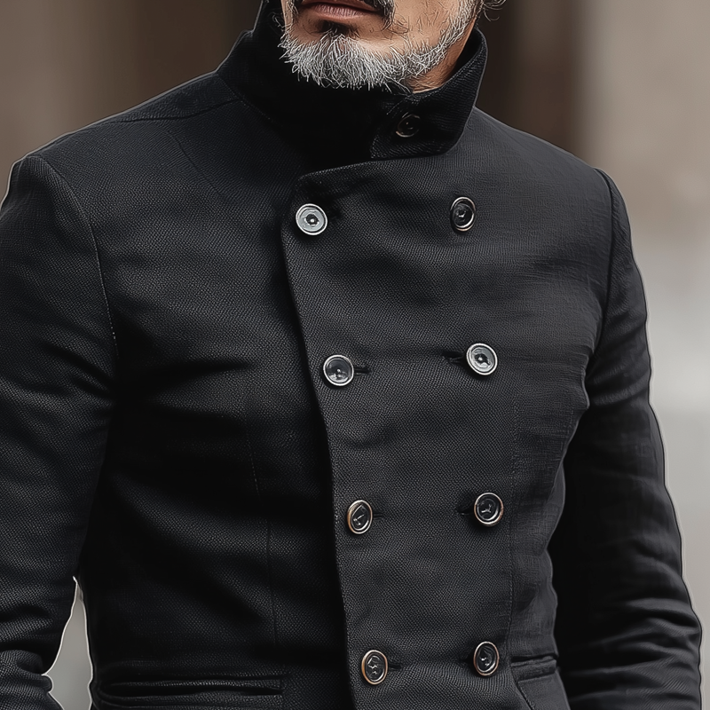 Men's Woven Cotton Stand Collar Double Breasted Jacket MTA2827H3Z