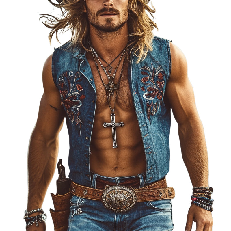 Men's Western Cowboy Embroidered Denim Vest MTA1387E8X