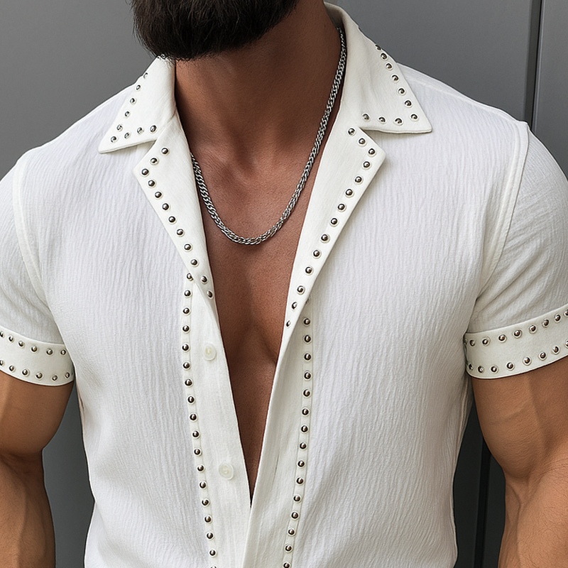 Men's Fashion Rivet Lapel Short Sleeve Shirt MTA1791G6Z