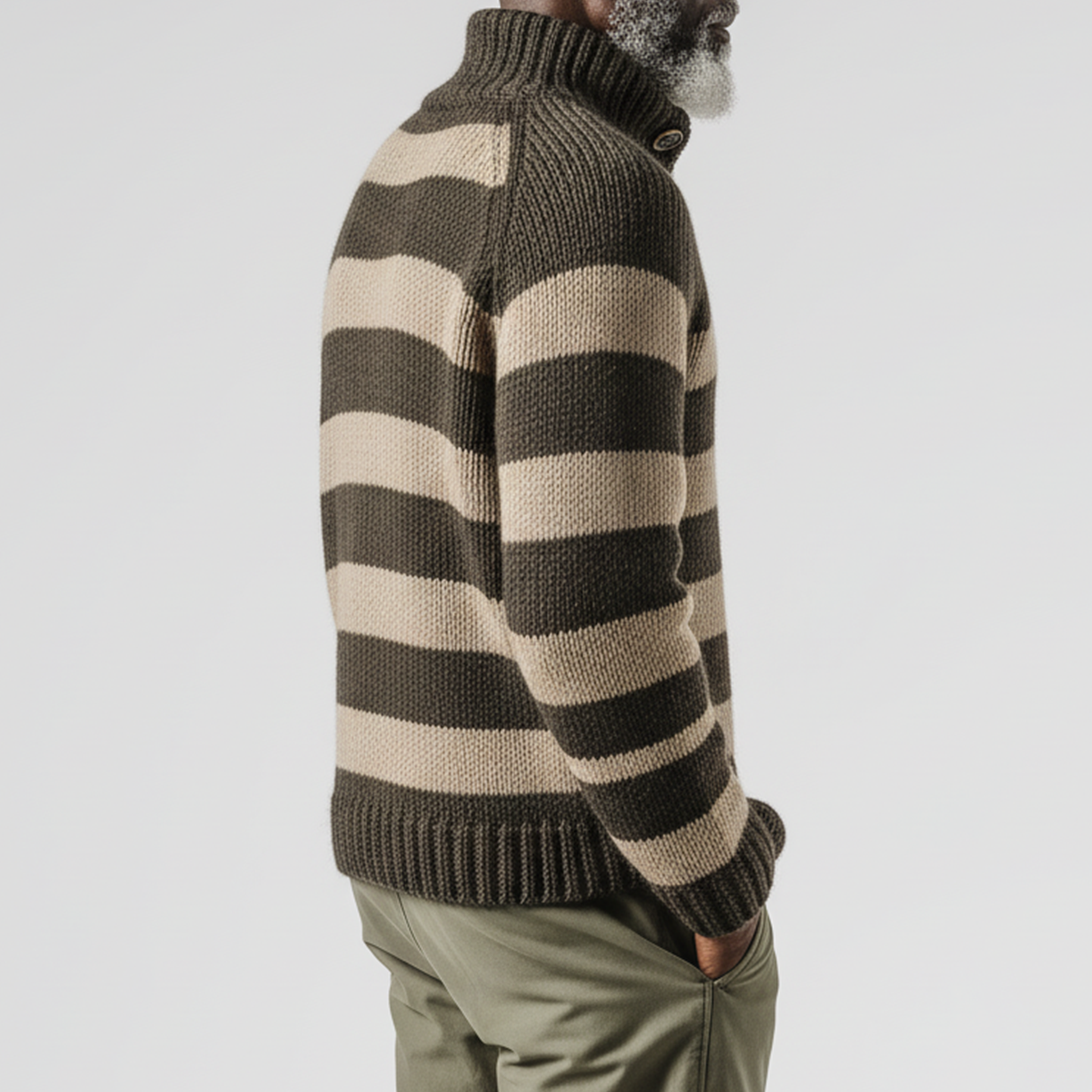 Men's Classic Casual Contrast Color Horizontal Striped Stand Collar Button Loose Sweater MTA2859I5K
