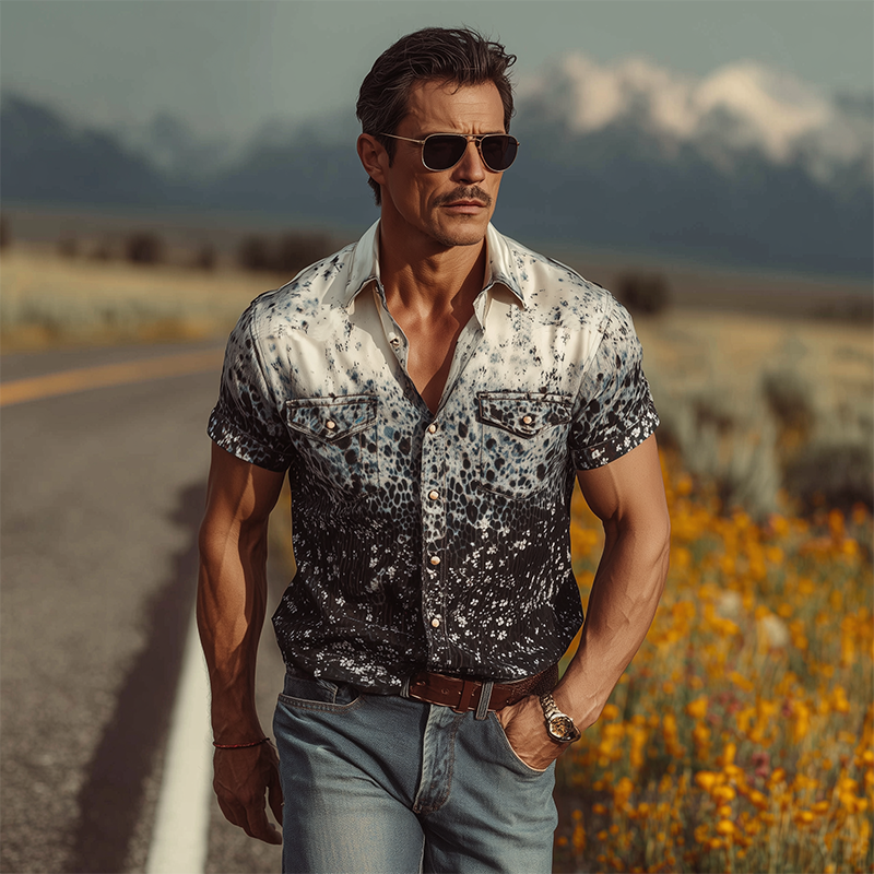 Men's Spring And Summer Fashion Casual Satin Art Gradient Print Slim Fit Short Sleeve Shirt MTA0804G7K