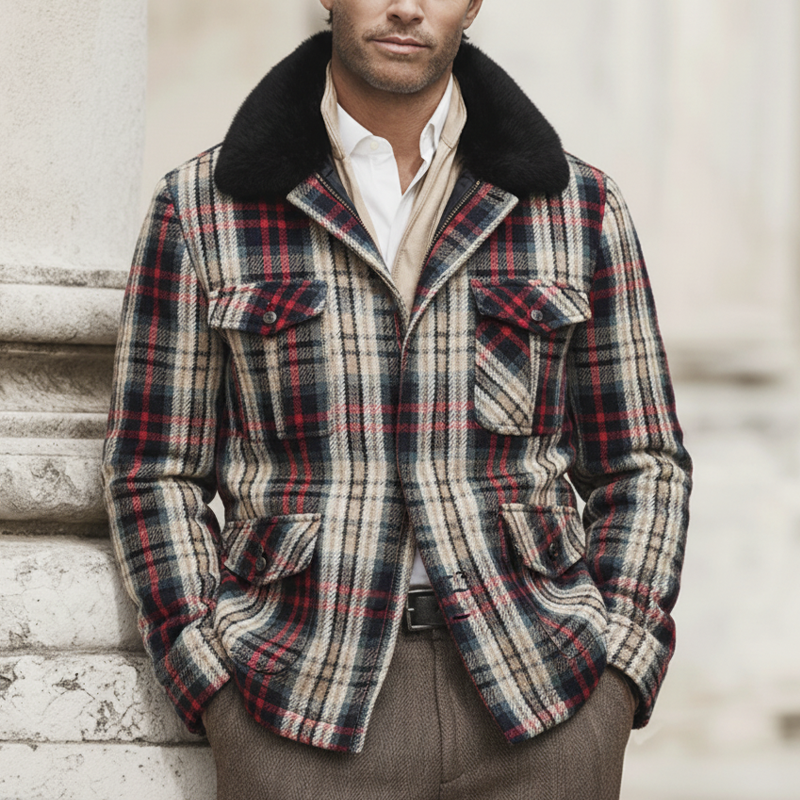 Men's Classic Color-block Plaid Fur Collar Single-slit Zipper Jacket MTA2501K9U