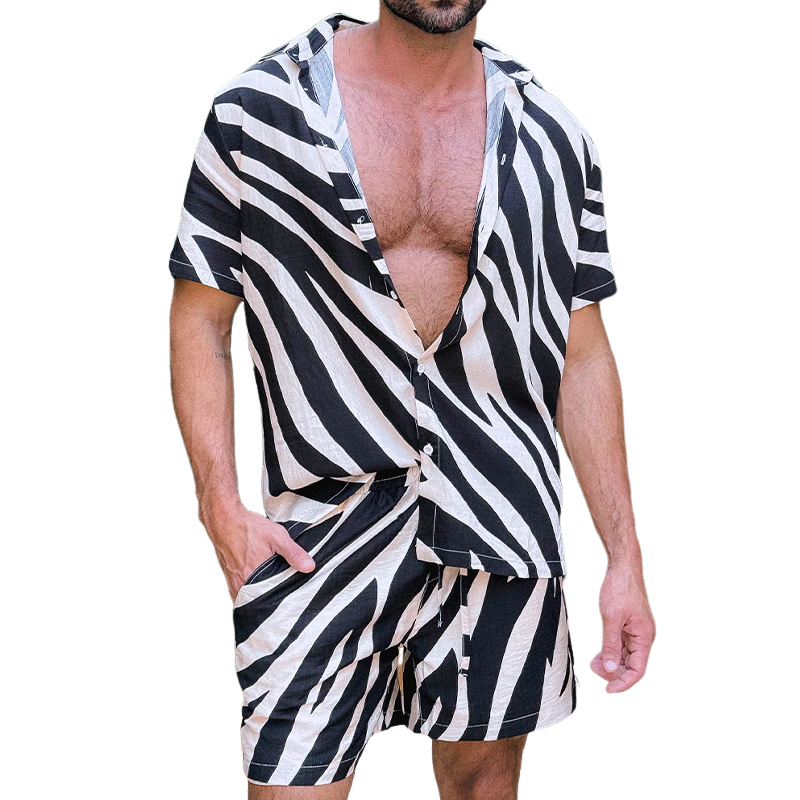 Herre vår- og sommermote, uformelt, sebrastripete skjorte med korte ermer, silkebomull, sett med shorts i elastisk midje, MTA0588G8K