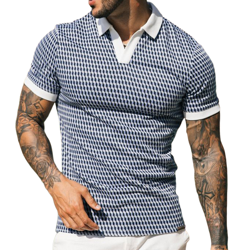 Men's Retro Casual Geometric Print Lapel Short Sleeve Polo Shirt MTA2719E9TO
