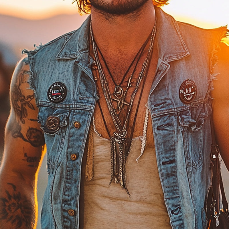 Men'S Vintage Distressed Western Cowboy Style Lapel Denim Vest MTA0984E5X