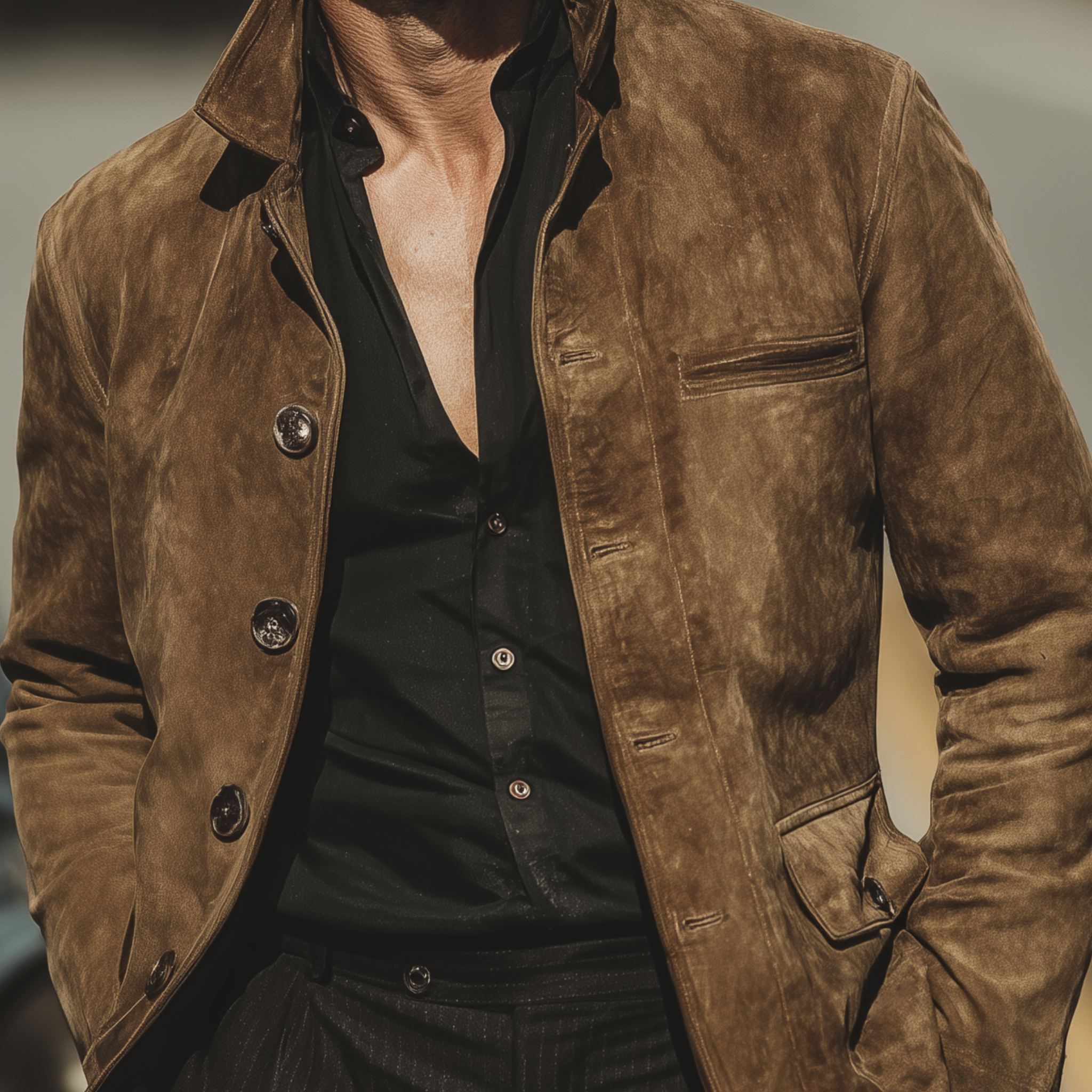 Men's Classic Retro Western Style Faux Suede Stand Collar Single-breasted Jacket MTA2915K3K