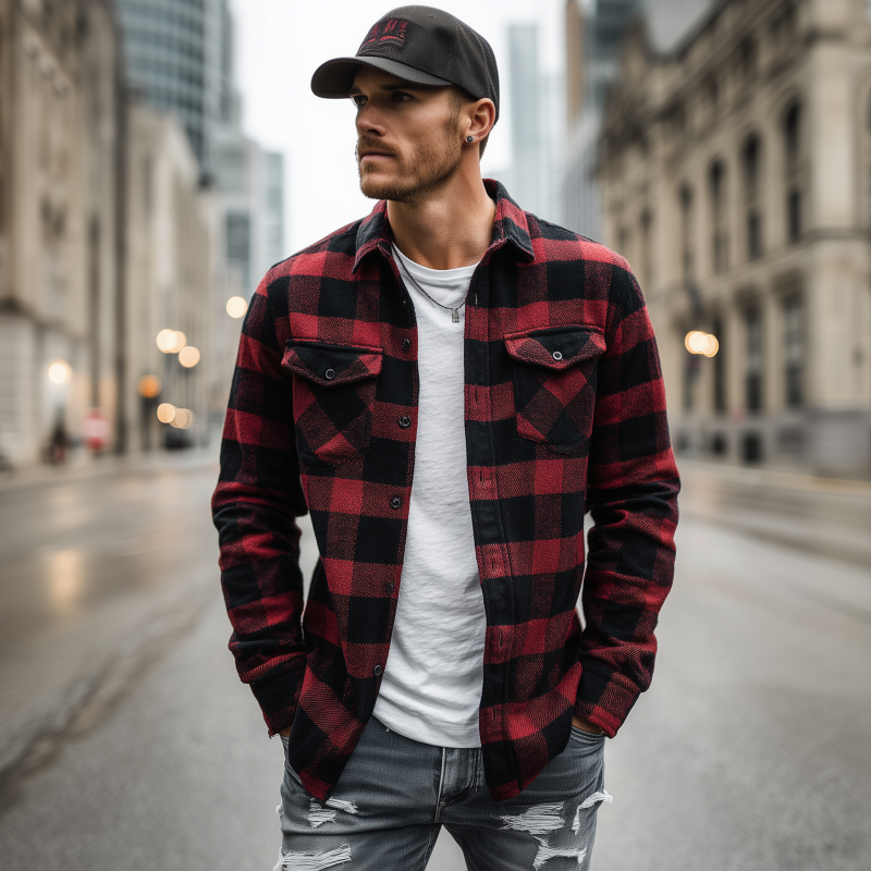 Men's Vintage Cotton Blend Contrast Plaid Lapel Flap Pocket Slim Fit Long Sleeve Shirt Jacket MTA2945G8M