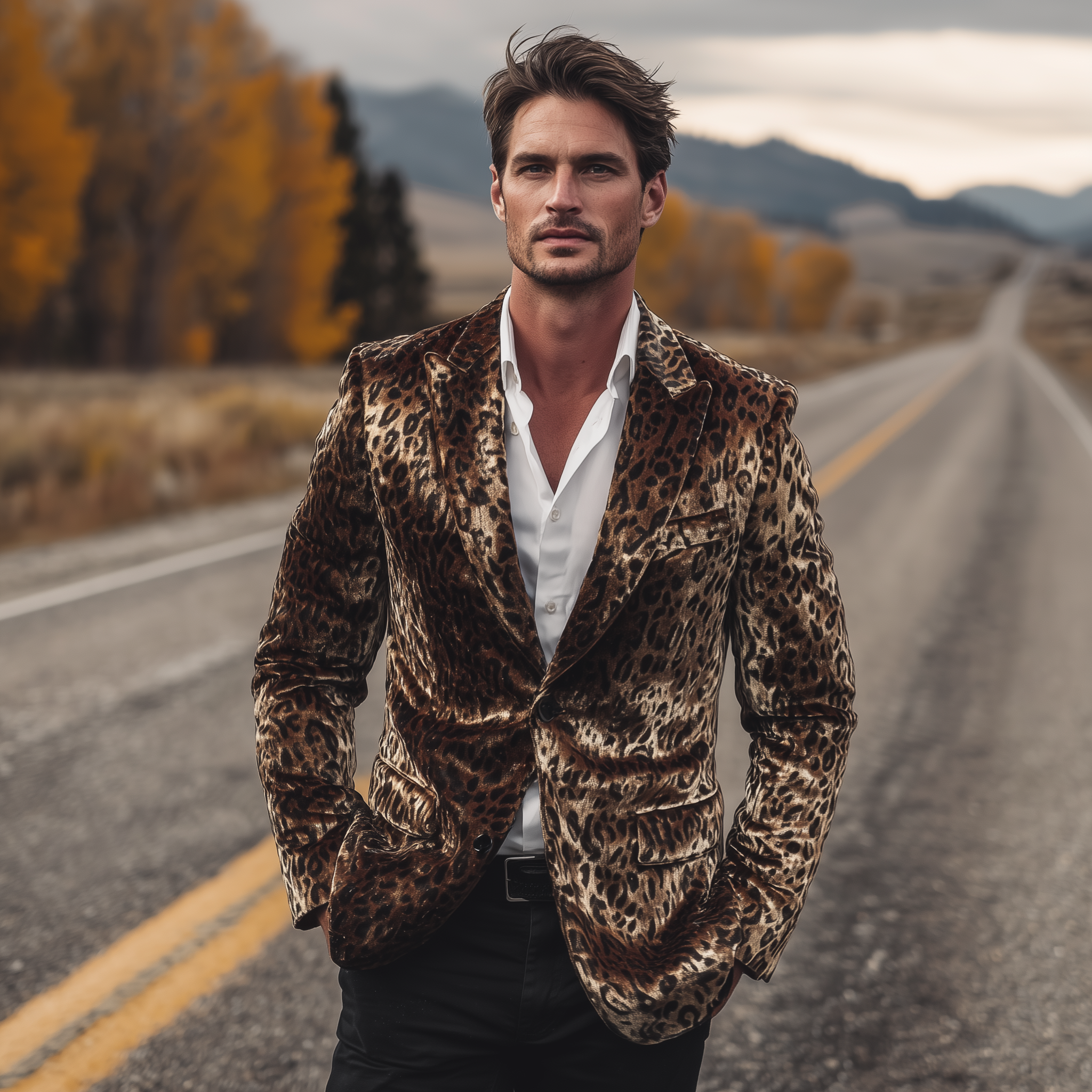 Men's Classic Vintage Western Style Leopard Print Velvet Single-breasted Blazer MTA2803H4K