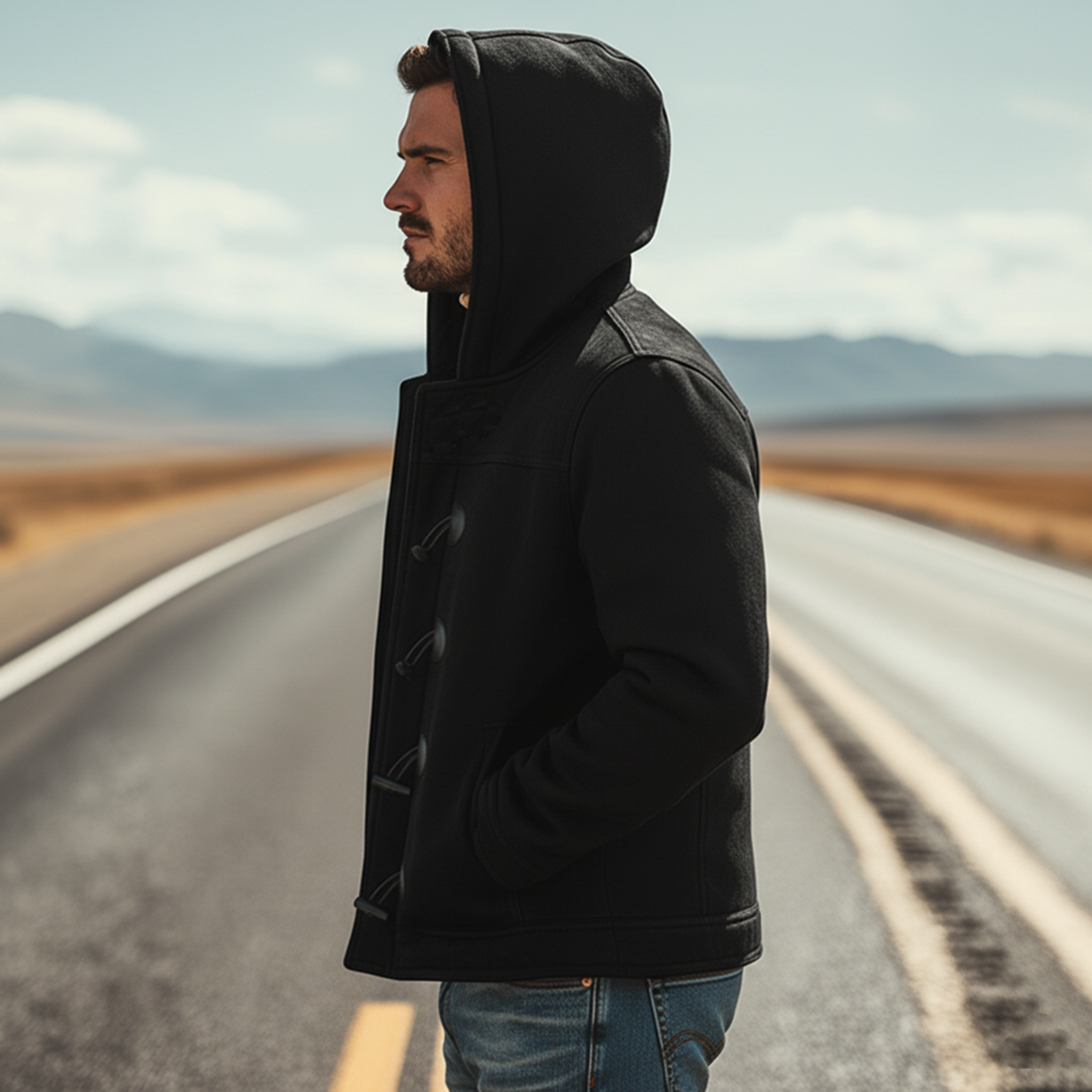 Men's Classic Retro Hooded Fleece Lined Horn Button Faux Suede Jacket MTA0197K1K