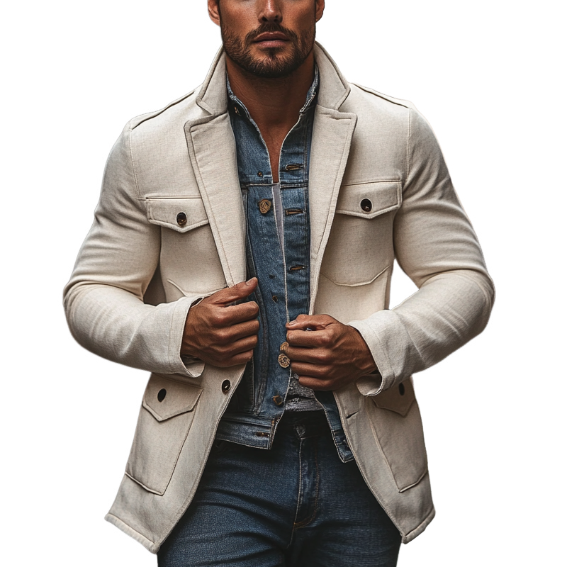 Men's Solid Blend Multi-pocket Button Coat MTA2847I2X
