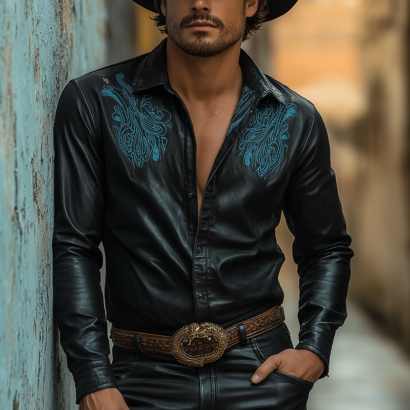 Herreskjorte med brodert, langermet kunstskinn i western-stil MTA2506G1P